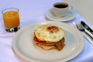 gallery galaxias hotel restautant offers fresh eggs for breakfast along with orange juice, and coffee